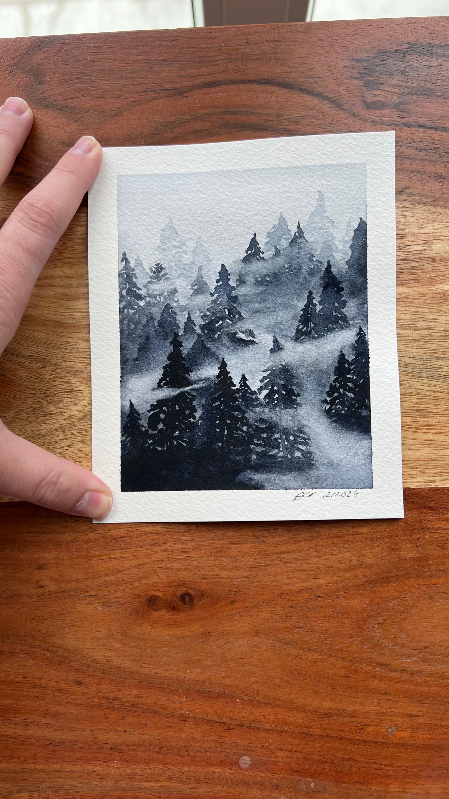 6x4.7", 'Fog Shrouded Forest', original watercolor painting, misty landscape, unframed