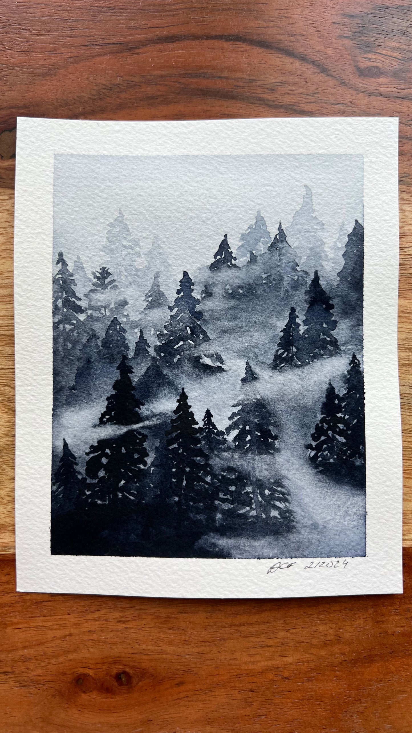 6x4.7", 'Fog Shrouded Forest', original watercolor painting, misty landscape, unframed