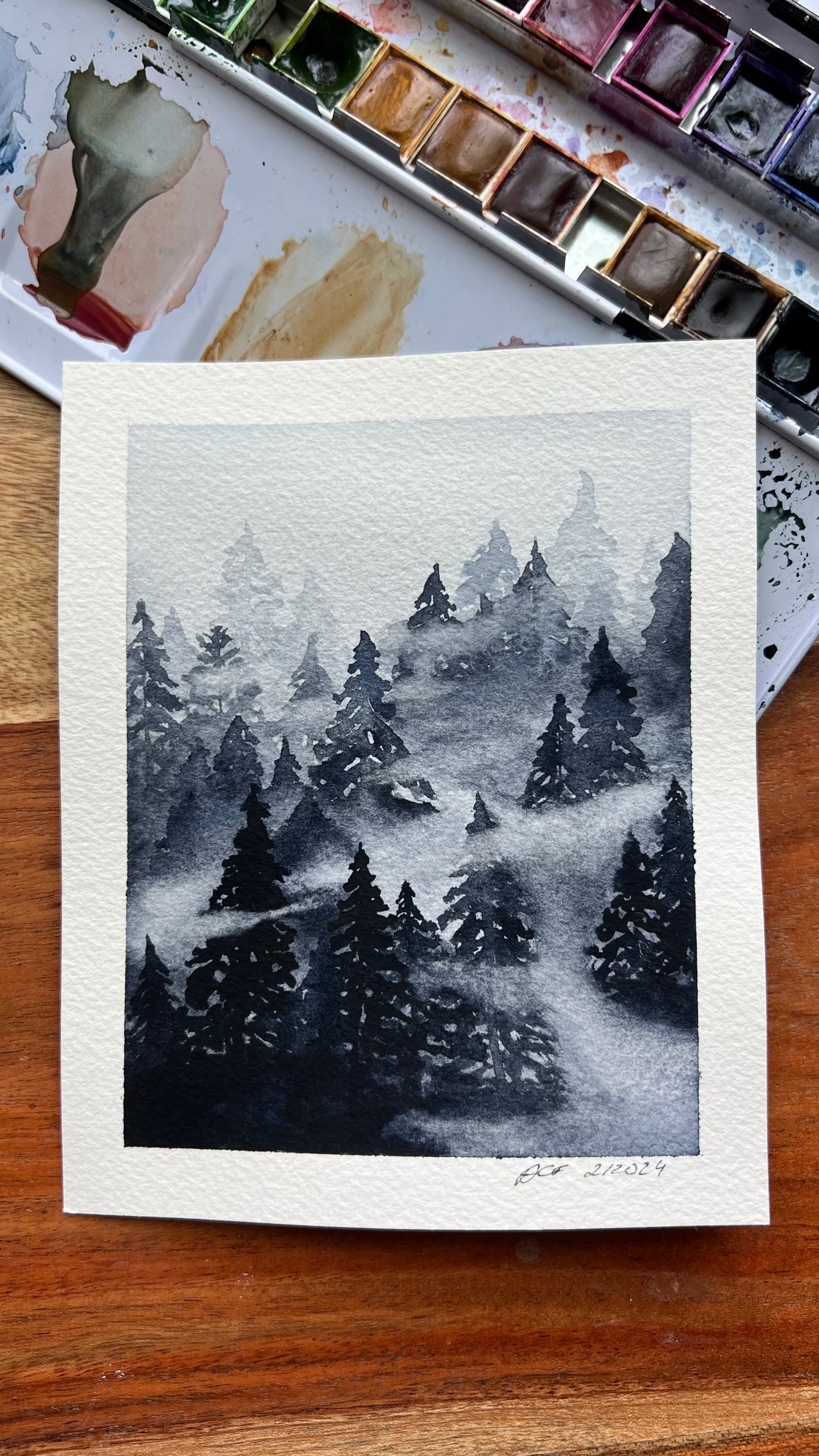 6x4.7", 'Fog Shrouded Forest', original watercolor painting, misty landscape, unframed