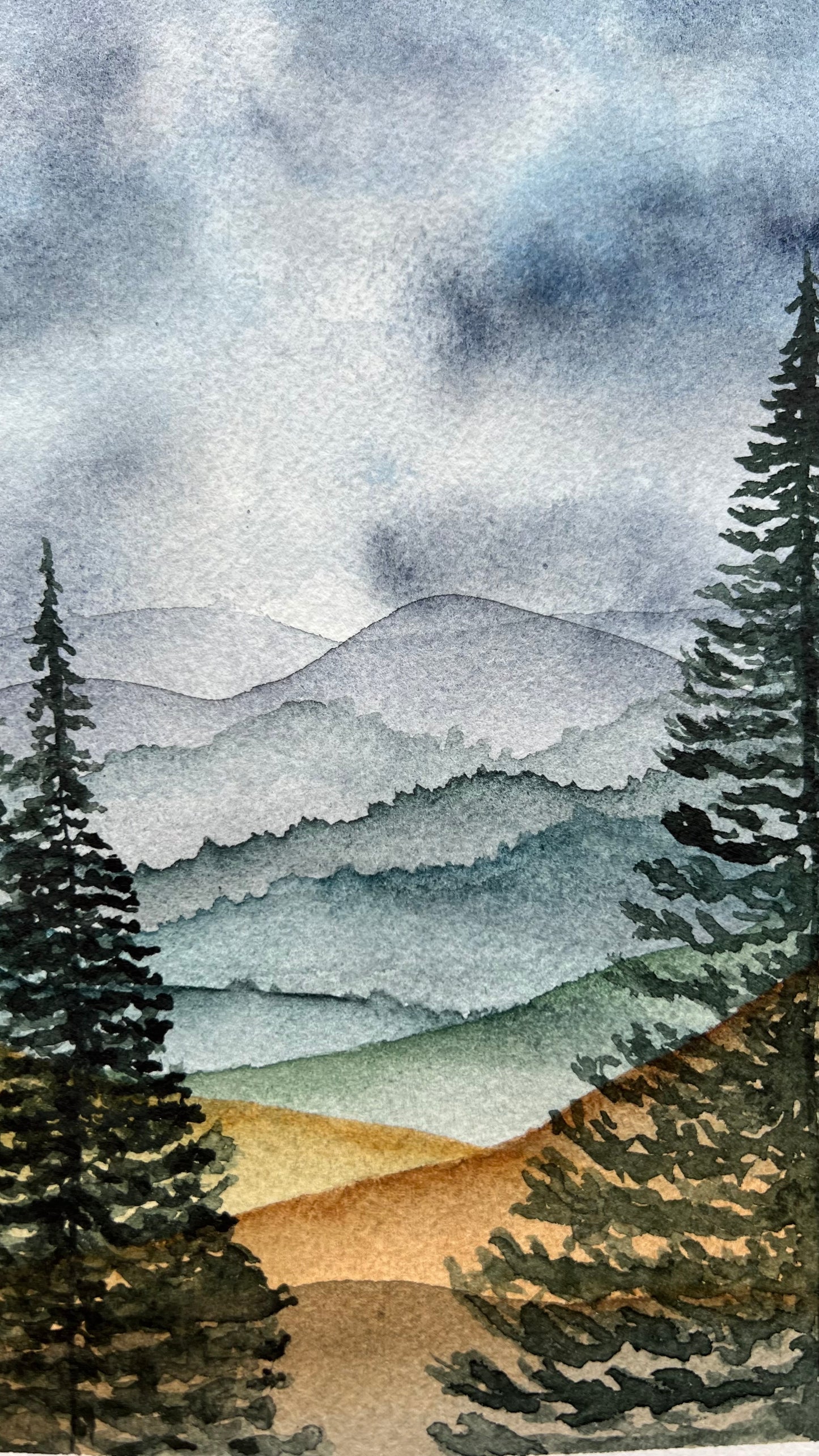 9.5x6", 'Stormy Mountains', original watercolor painting, landscape, unframed