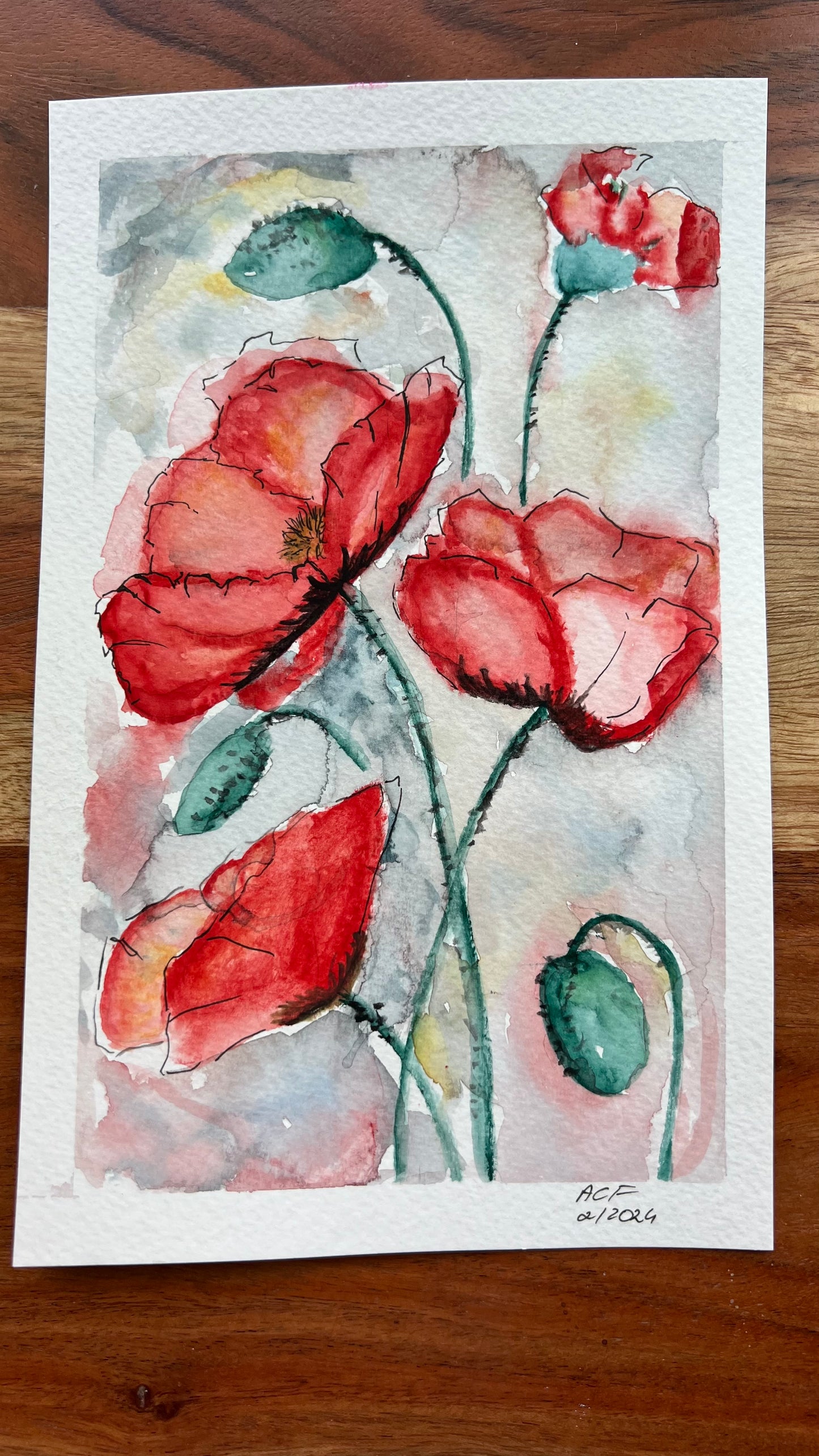 8.5x5.5", 'Red Poppies', original watercolor painting, unframed