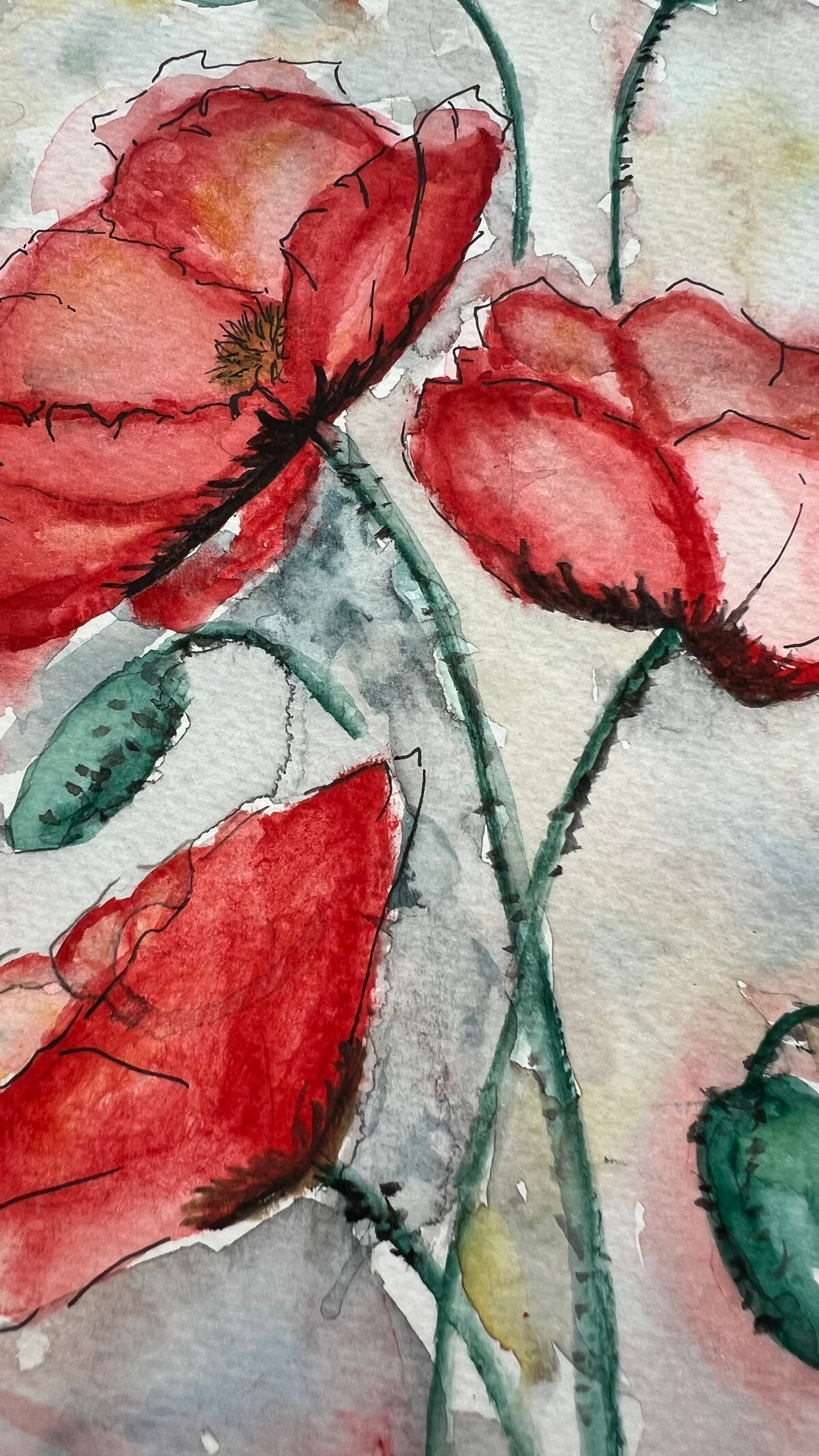 8.5x5.5", 'Red Poppies', original watercolor painting, unframed