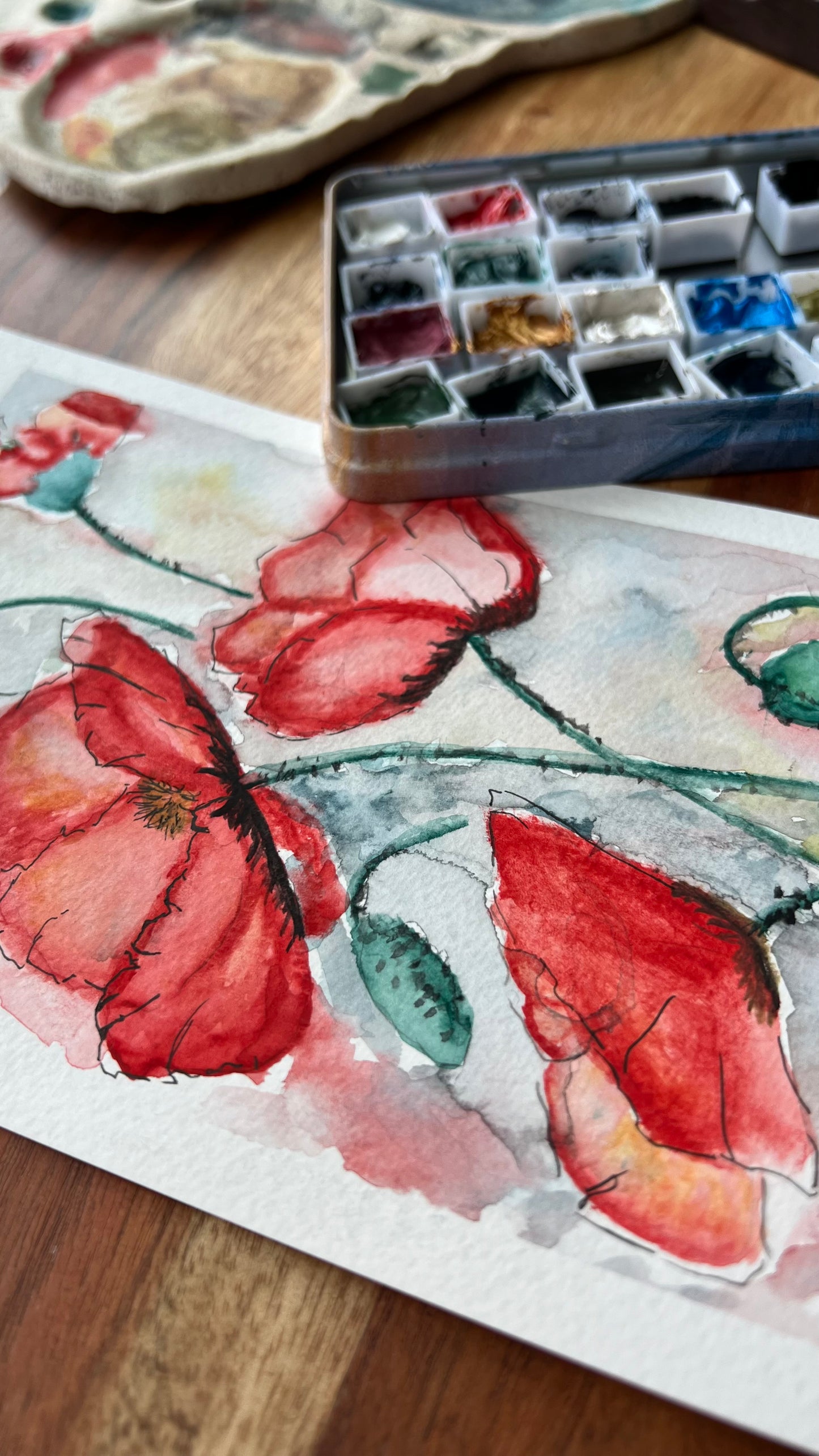 8.5x5.5", 'Red Poppies', original watercolor painting, unframed