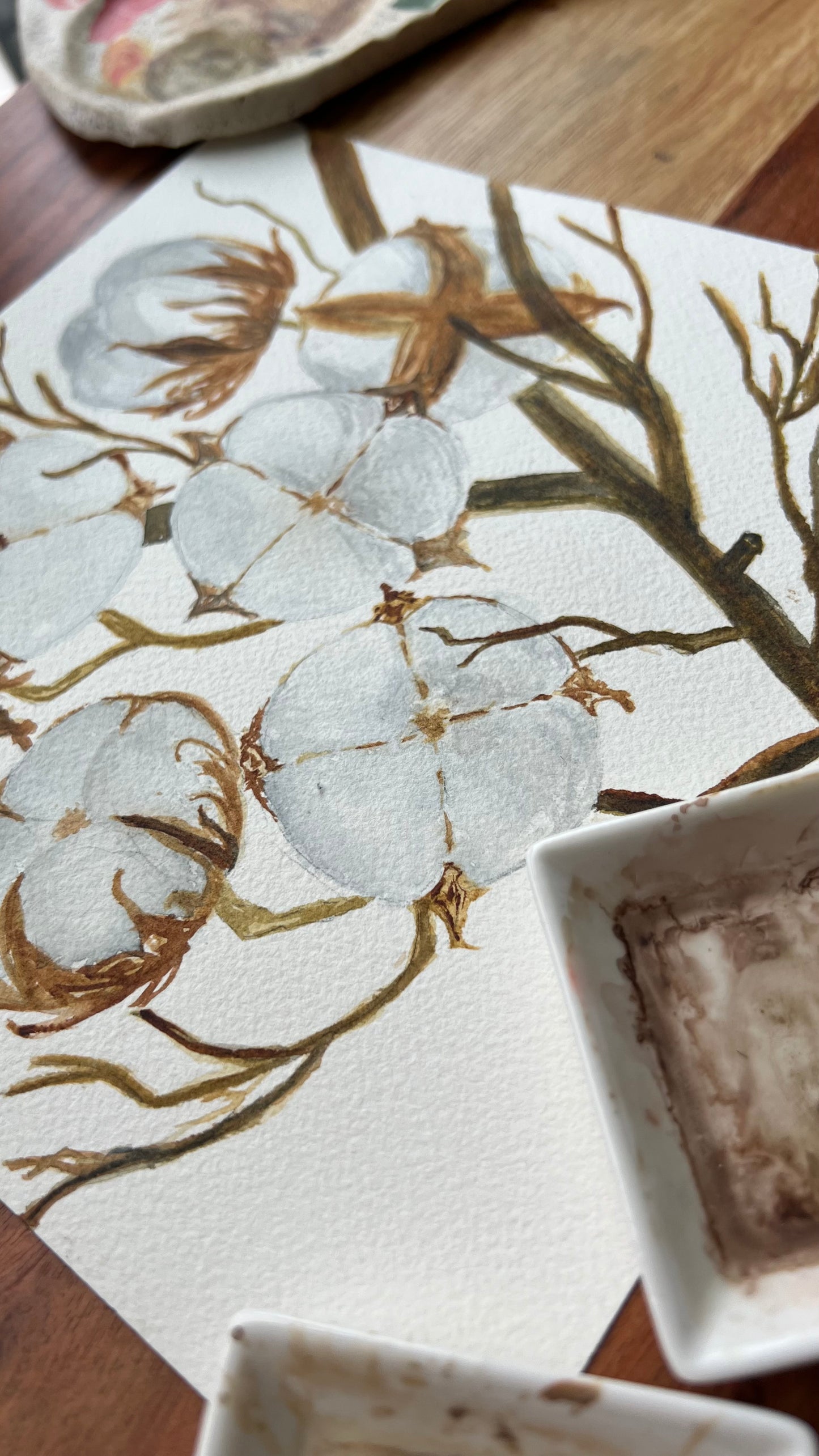 8X8", 'Cotton Tree Branch', original watercolor painting, unframed