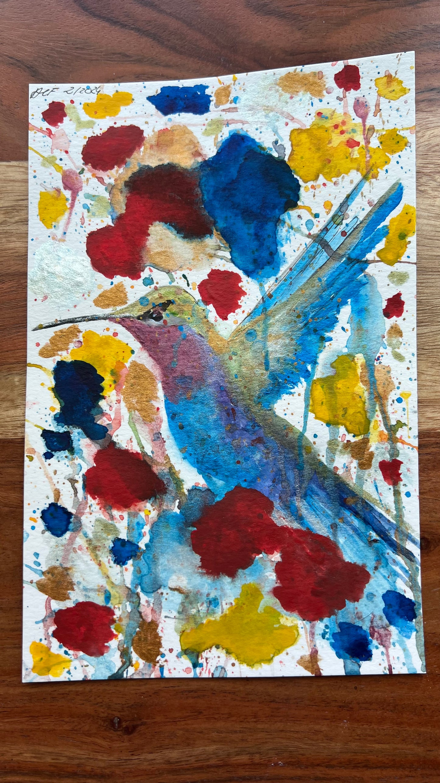 8.5x5.5", 'Colorful Hummingbird' , original watercolor painting, shimmer paint, unframed