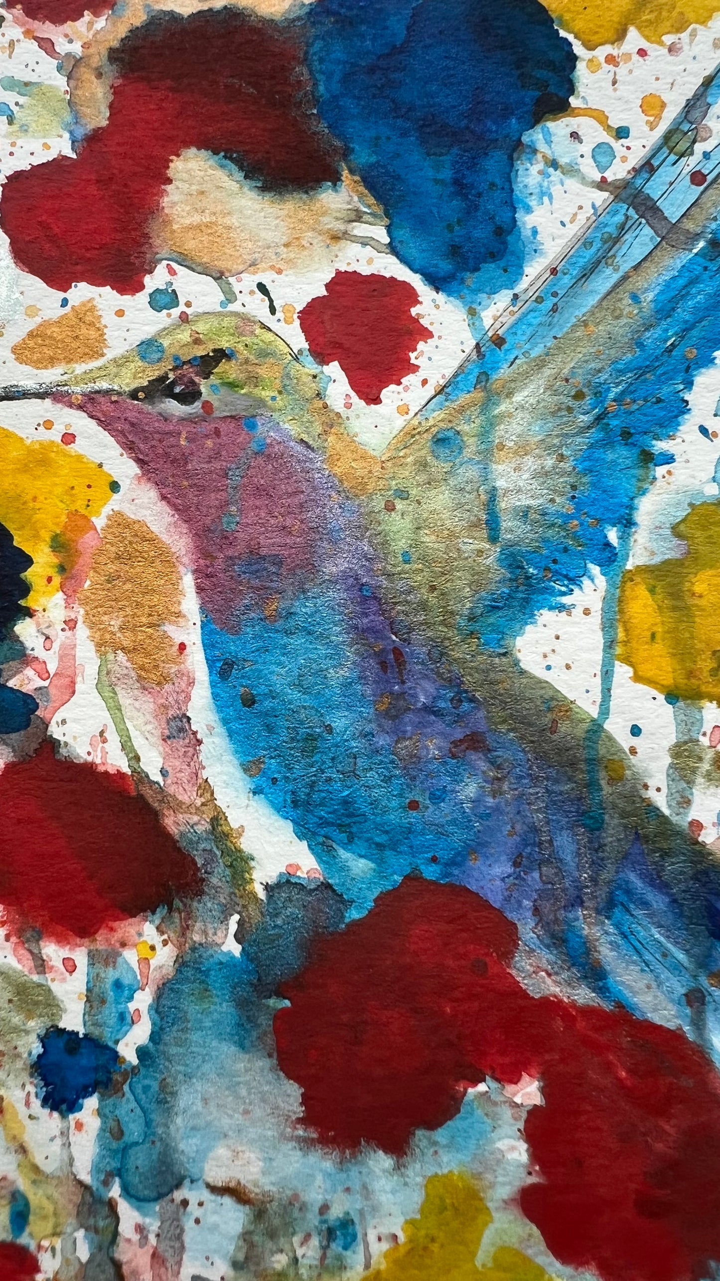8.5x5.5", 'Colorful Hummingbird' , original watercolor painting, shimmer paint, unframed