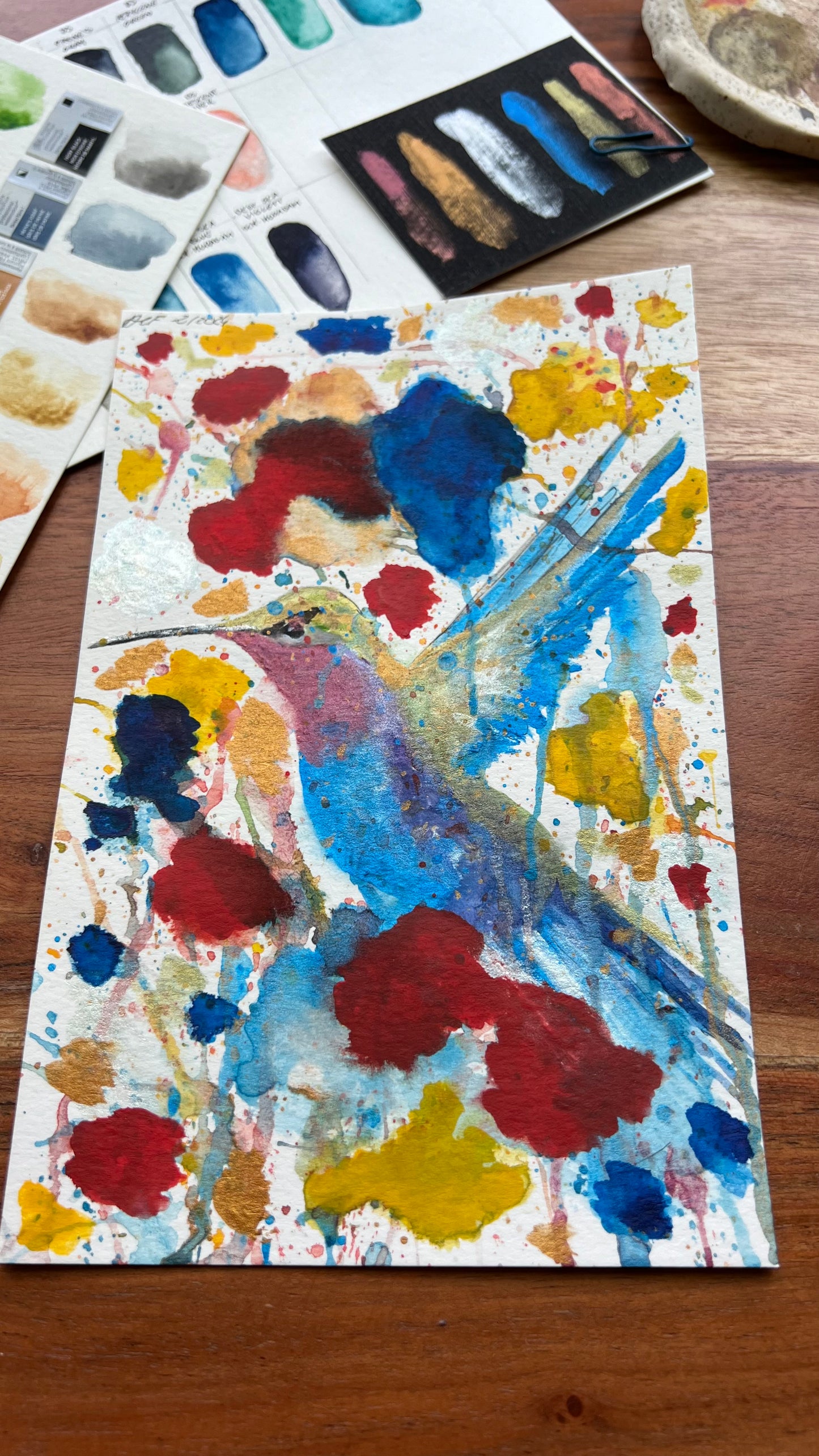 8.5x5.5", 'Colorful Hummingbird' , original watercolor painting, shimmer paint, unframed
