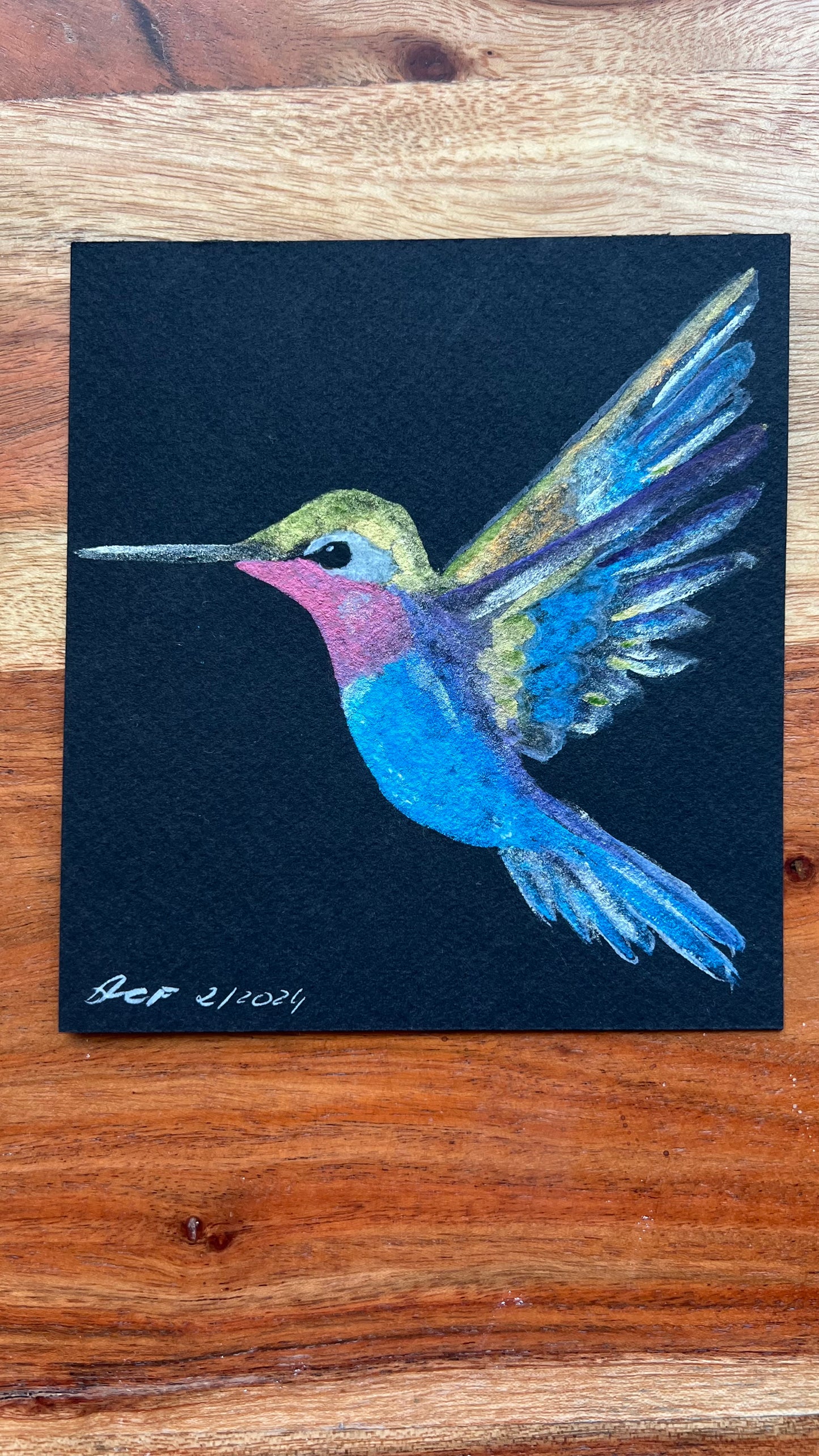 6.5x6", 'Shimmer Hummingbird', original watercolor painting, shimmer paint, unframed