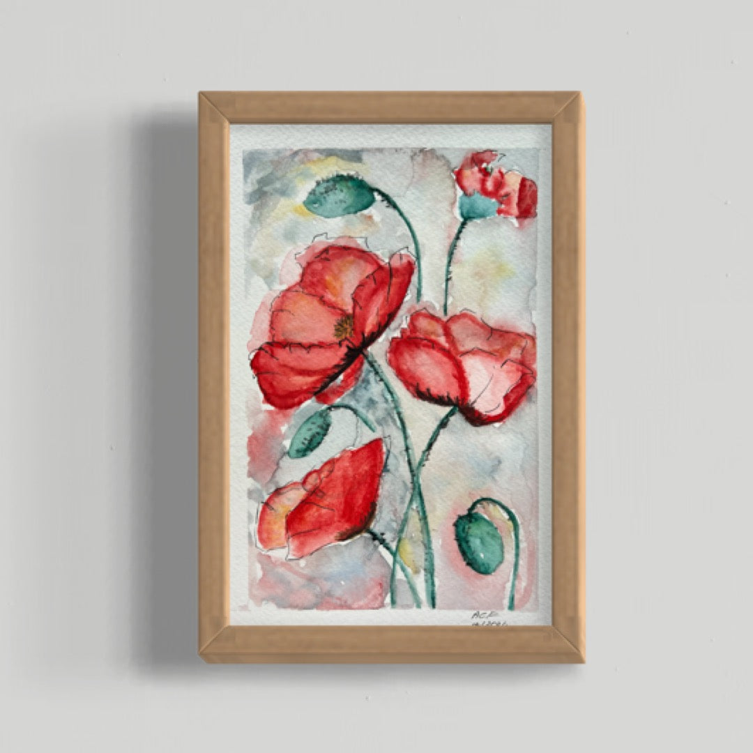 8.5x5.5", 'Red Poppies', original watercolor painting, unframed