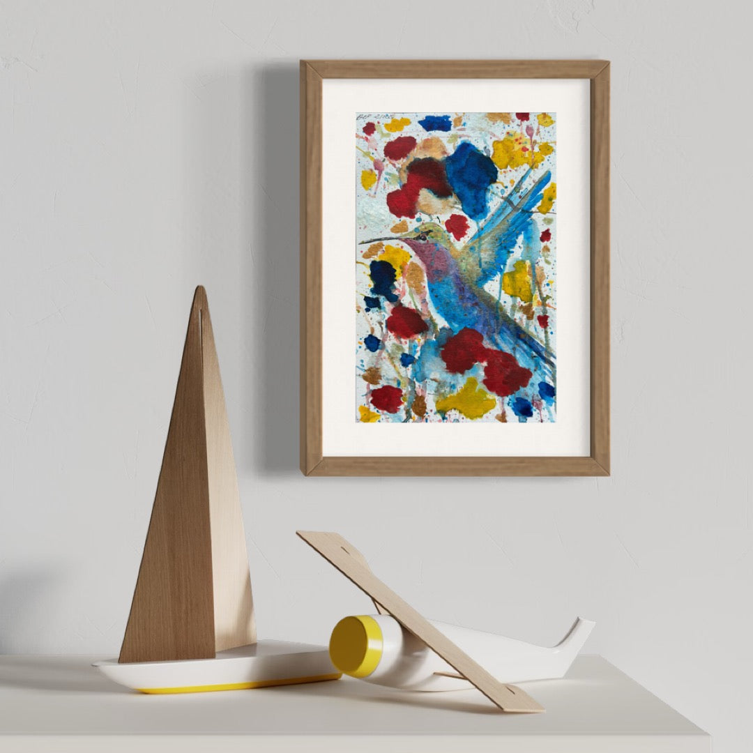 8.5x5.5", 'Colorful Hummingbird' , original watercolor painting, shimmer paint, unframed