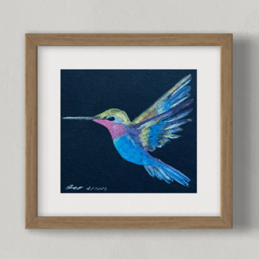 6.5x6", 'Shimmer Hummingbird', original watercolor painting, shimmer paint, unframed