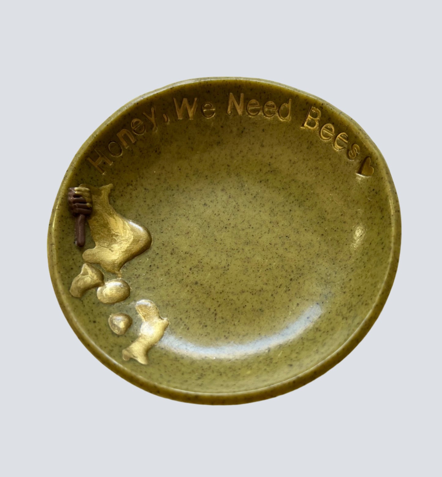 Dark Green Honey, We Need Bees Trinket Dish, Handmade, ~3.9 in