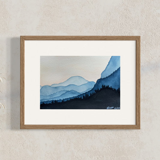 9x6", 'Sunset in the mountains', original watercolor painting, landscape, unframed