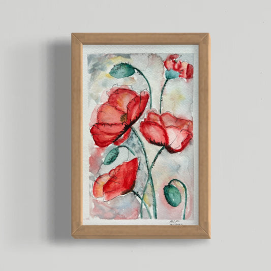 8.5x5.5", 'Red Poppies', original watercolor painting,  unframed