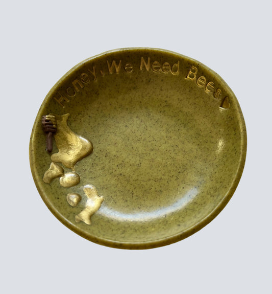 Dark Green Honey, We Need Bees Trinket Dish, Handmade, ~3.9 in