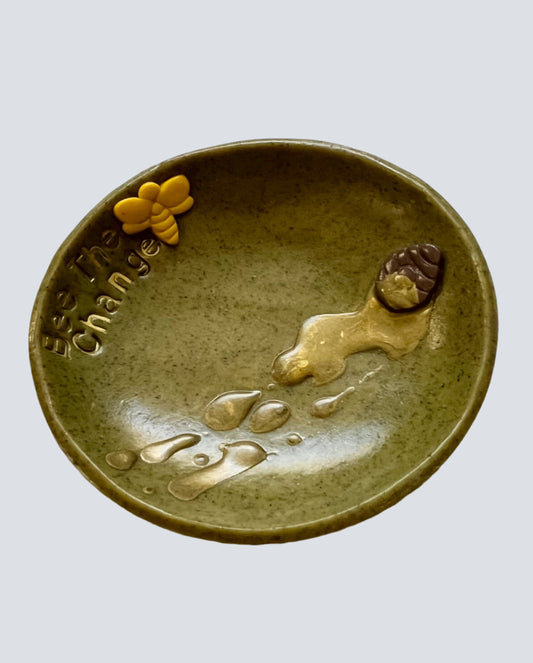 Dark Green Bee The Change Trinket Dish, Handmade, ~3.9 in